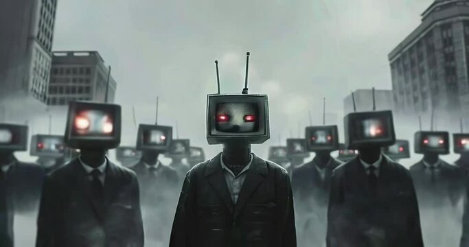 horde of people with television on head and red eyes