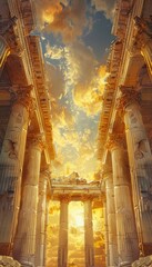 Fototapeta premium Majestic ancient ruins with towering columns against a dramatic sunset sky, capturing the timeless beauty and grandeur of classical architecture.