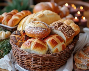 Variety of breads in a basket, centerpiece on a dinner table, rustic and cozy evening meal setup