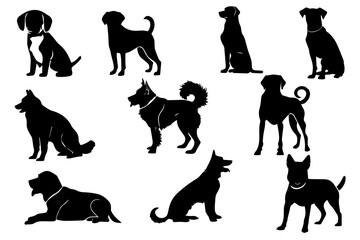 Large vector set of dog silhouettes. Cartoon pets of different shapes.