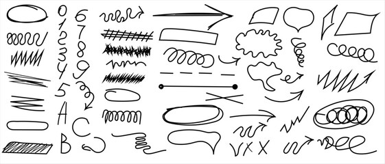 Grunge scribbles, pencil scribbles, rough strokes, underlines, circles, squares, frames. Bold hand-drawn charcoal stripes, ink shapes, arrows, marks. Pencil sketches. Vector illustration.