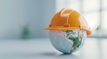 Planet Earth wearing a hard hat, representing global workplace safety, honoring World Day of Safety and Health at Work, universal safety and health message