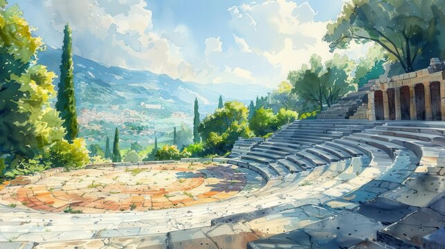 Ancient amphitheater set against a lush landscape with scenic hills, trees, and clouds under a bright sky. Ideal for historical travel content.