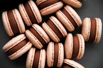French dessert macaron filled with dark chocolate ganache. Macarons are on a dark background. Top view. 