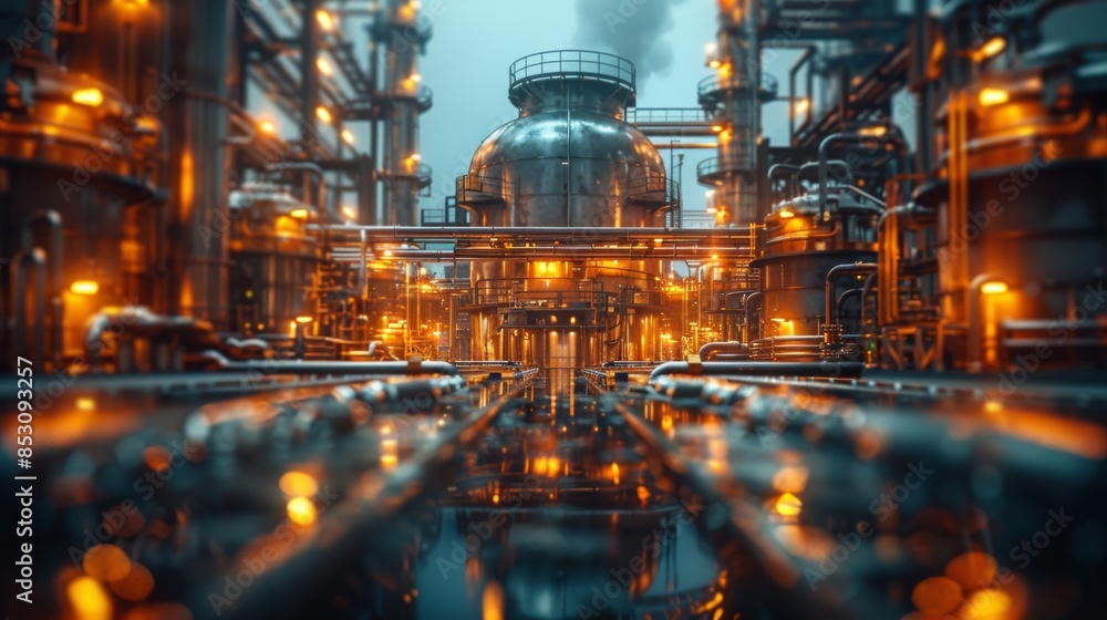 Poster an industrial plant utilizing automation and robotics for streamlined production processes, enhancin