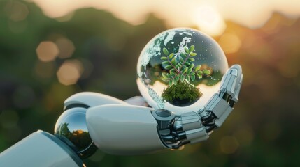Robotic arm presenting a crystal globe with a small green ecosystem, highlighting green technology, at a misty dawn, ultra HD, 32k resolution, high detail
