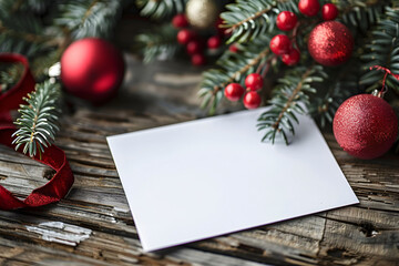 christmas greeting card, empty place to make cards banners copy space , xmas festive decorations on wooden table with blurry areas