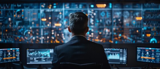Man sitting in front of multiple computer screens displaying data and analytics in a high-tech control room, emphasizing surveillance and analysis.