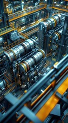 Industrial machinery inside a modern factory with intricate pipes and engineering details, showcasing advanced manufacturing technology.