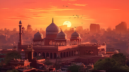 Fototapeta premium A beautiful sunset over a city with a large red building in the background