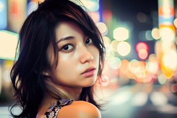 Fototapeta premium A captivating portrait of a young woman standing in a vibrant city at night, illuminated by colorful city lights.