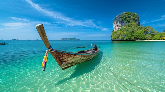Serene Seascape with Traditional Wooden Boat. Perfect for Nature and Travel Photos. Stunning turquoise water and clear sky. An ideal choice for promoting island vacations and beach getaways. AI