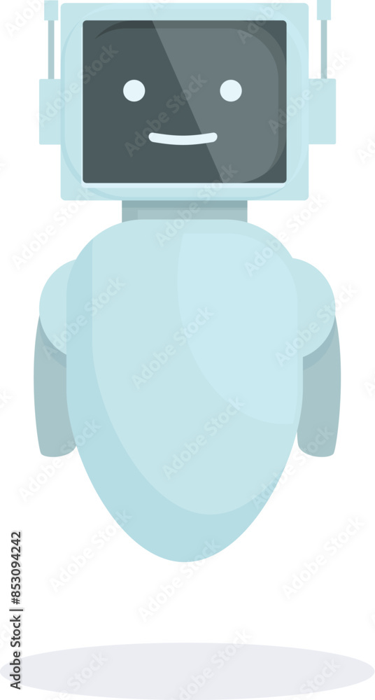 Poster blue and white robot with a monitor for a head is smiling and floating