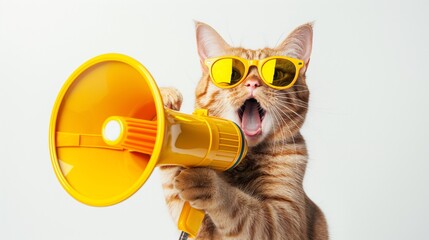 A red cat is wearing sunglasses and speaking into a yellow megaphone. Business sales and marketing, discount