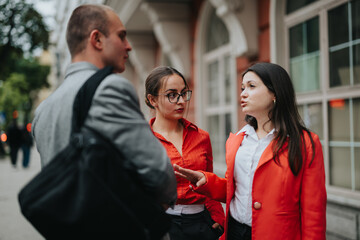 Young business entrepreneurs engaged in a serious discussion about strategy during an outdoor meeting, showcasing teamwork and collaboration.