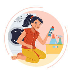 Little girl playing with detergents at home flat color vector illustration. Child access to cleaning chemicals danger round concept icon on white