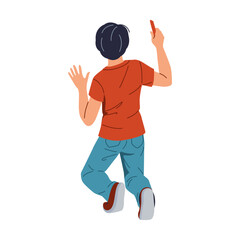 Little boy with chalk piece drawing flat color vector illustration. Creative kid artist on knees near wall concept icon on white background