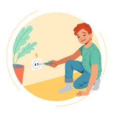 Curious little boy inserting screwdriver into socket flat color vector illustration. Dangerous accident at home round concept icon on white