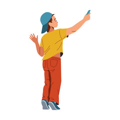 Naklejka premium Toddler boy in cap drawing with chalk standing on tiptoes flat color vector illustration. Little child doing street art concept icon on white background