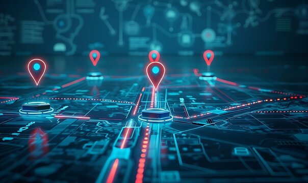 Smart Delivery Digital Map with AI and GPS Pins Showcasing Future Transport Logistics