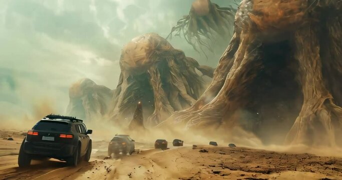 car with desert monster