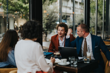 A diverse group of professionals having an animated business meeting in a cozy cafe, emphasizing collaboration and team spirit.