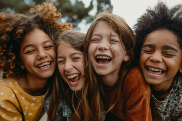 Fototapeta premium Four young girls are smiling and laughing together
