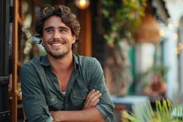 Smiling man sitting outdoors with crossed arms and look
