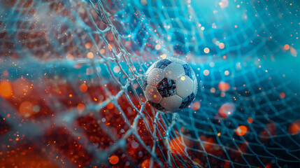 The soccer ball flew into the goal net. Red blue white background with splashes. Bokeh effect. AI generative