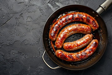 Baked sausage in a pan on a dark stone empty background with space for product text or inscriptions
