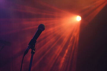 Obraz premium Spotlight on a microphone stand on stage during a concert 