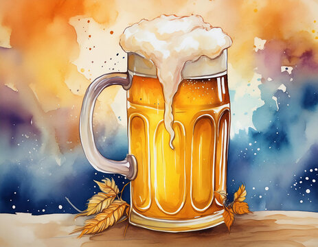 watercolor painting of cartoon depicting a frothy beer mug on a dreamy colorful party background. Oktoberfest artwork concept