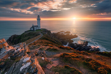 A lighthouse at sunrise or sunset on the edge of the rocks

