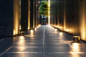 elegant lighting of the sidewalk with a wall on the sides and trees at the end
