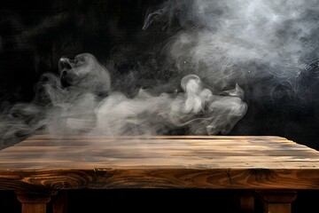 Empty wooden table with smoke on black background for product presentation