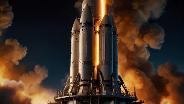  A rocket prepares to launch, with flames and smoke billowing around its base