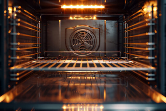 sparkling clean inside of the oven with the oven light inside turned on
