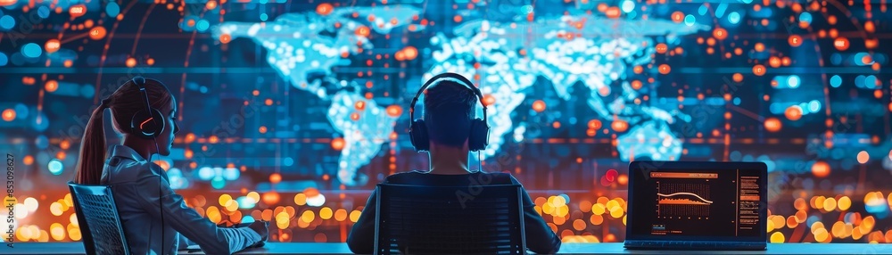 Poster two people in a dark command center wearing headsets, looking at screens displaying a world map with