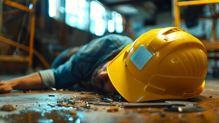 Construction site accident with fallen worker wearing yellow helmet. Safety violation and workplace injury. Industrial site safety hazards. Realistic depiction of accident scene. AI