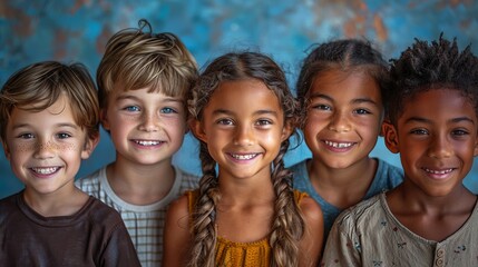 photo portrait of five 10 year old children: two caucasians, one latino, one african-american, one eurasian, smiling faces,