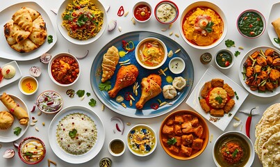 Vibrant Indian Feas, Top View of Momos, Butter Chicken, Samosas, Pani Puri, A colorful spread of Indian dishes on white