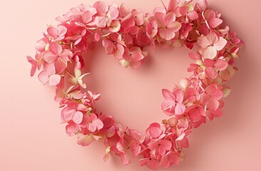 Obraz premium A heart shape made of pink hydrangea flowers on pastel background