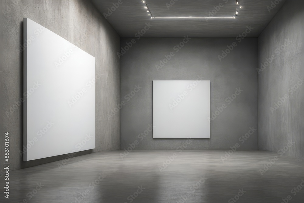 Poster modern gallery mockup: two blank canvases in a minimalist concrete gallery setting, ideal for showca