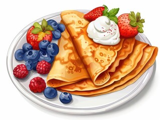 Crepes plate of crepes with fruit and cream isolated on white background