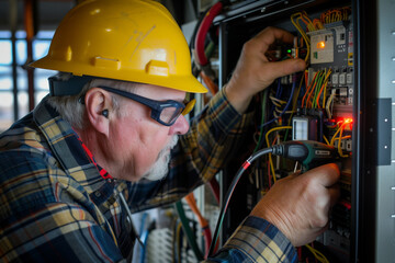 A skilled technician wearing a hard hat and safety glasses is working on electrical wiring and components in a complex electrical pane