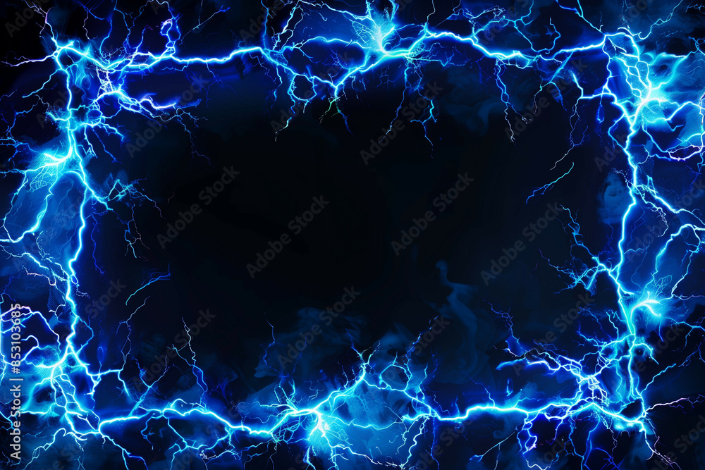 Poster dynamic display of electric blue lightning arcs surging across a dark, cloudy background, creating a