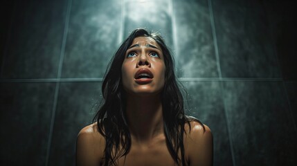 Frightened woman in a dark bathroom, illuminated only by light from an open ceiling. Long black hair frames her terrified expression as she looks up.