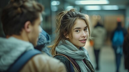 Obraz premium A young woman with a scarf and messy hair leans in, talking to her boyfriend. The surrounding crowd blurs in the background.