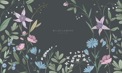 Vibrant background with colorful flowers and trendy botanical elements. Retro hand drawn leaves branches and blooming. Modern elegant wildflowers for invitation save the date card