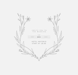 Elegant caligraphic floral frame and trendy botanical elements. Wedding gentle wildflowers for invitation save the date card. Botanical